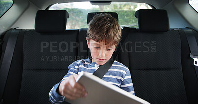 Buy stock photo Road trip, boy and car with tablet, games or online movie for entertainment and vacation. Child, vehicle and internet search for holiday cartoons, transport and adventure or journey with technology