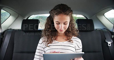 Buy stock photo Road trip, girl and search with tablet, movie and online games or entertainment for vacation. Teenager, vehicle and scrolling on social media, holiday and adventure or journey with technology