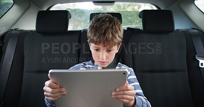 Buy stock photo Road trip, child and play with tablet, games or online movie for entertainment and vacation. Boy, vehicle and scrolling on social media, holiday cartoons and travel or journey with technology