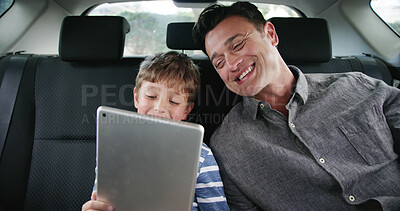 Buy stock photo Road trip, son and dad with tablet, games or online movie for entertainment and vacation. Family, vehicle and smile for travel, holiday cartoons and adventure or journey with father and child