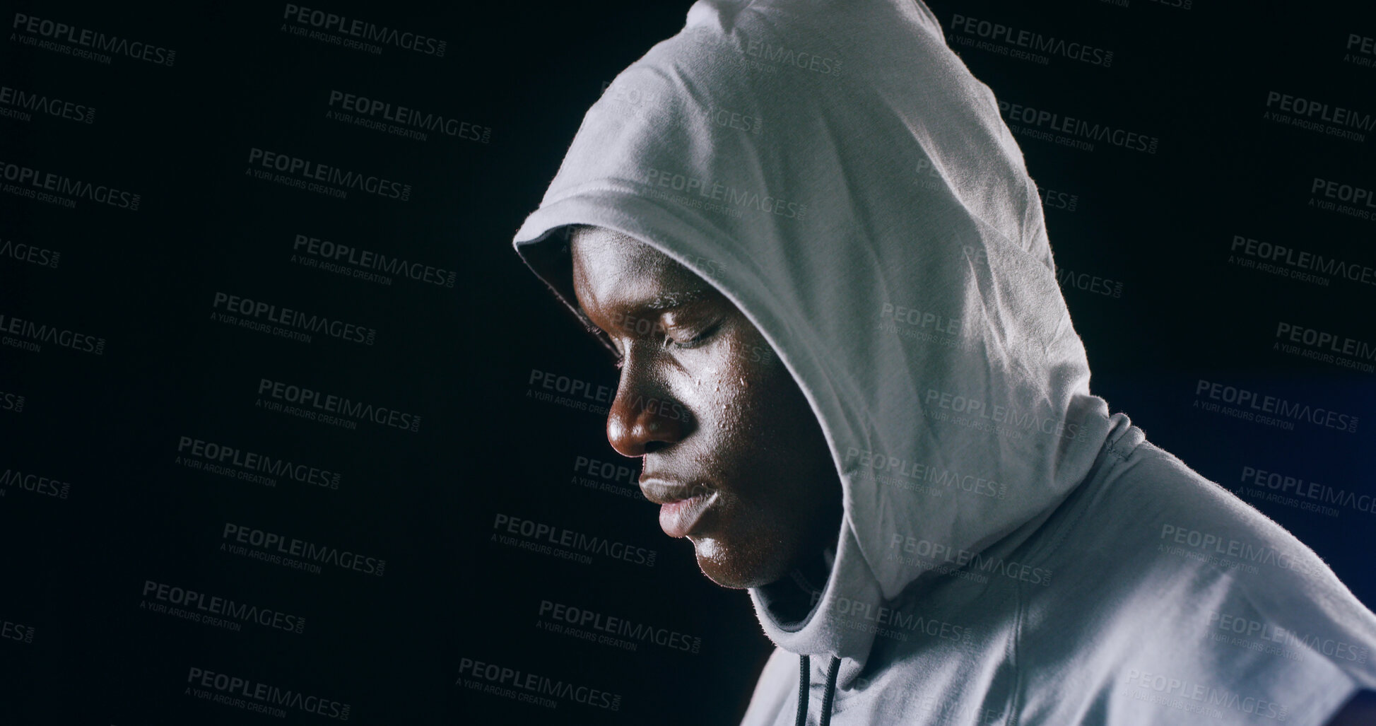 Buy stock photo Fitness, hoodie and black man in studio for training, boxing exercise and cardio workout for gym. Sports, thinking and thoughtful person for wellness, health and boxer challenge on dark background