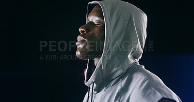 Buy stock photo Thinking, black man and rest with fitness in studio of sport training, boxing exercise and bodybuilding. Athlete, reflection and workout wellness, competition ideas and performance on dark background