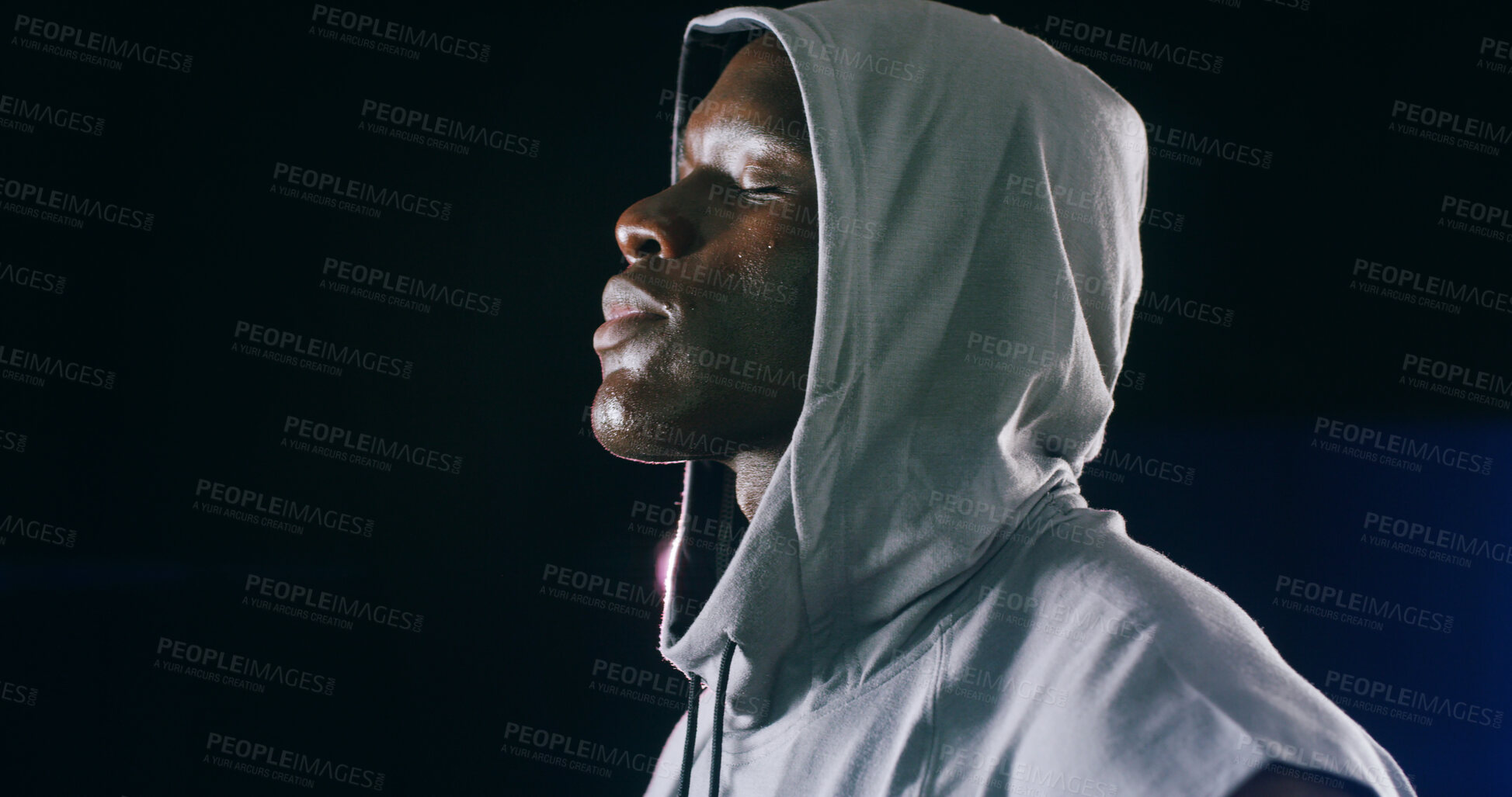 Buy stock photo Thinking, black man and rest with fitness in studio of sport training, boxing exercise and bodybuilding. Athlete, reflection and workout wellness, competition ideas and performance on dark background