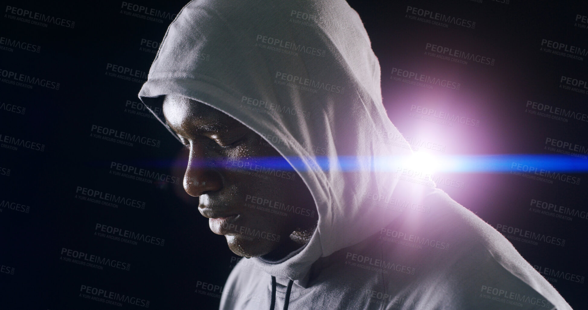 Buy stock photo Black man, athlete and fitness with hoodie in studio of sport training, boxing exercise and bodybuilding. Thinking, person and workout reflection, wellness progress and performance on dark background