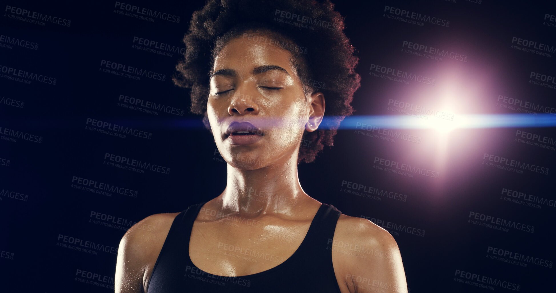 Buy stock photo Sweat, fitness and black woman at night rest for intense training, exercise and cardio workout. Sports, lens flare and face of person for wellness, health and progress for performance and challenge