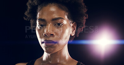 Buy stock photo Sweat, fitness and portrait of black woman in studio for intense training, exercise and cardio workout. Sports, lens flare and face of person for wellness, health and performance on dark background
