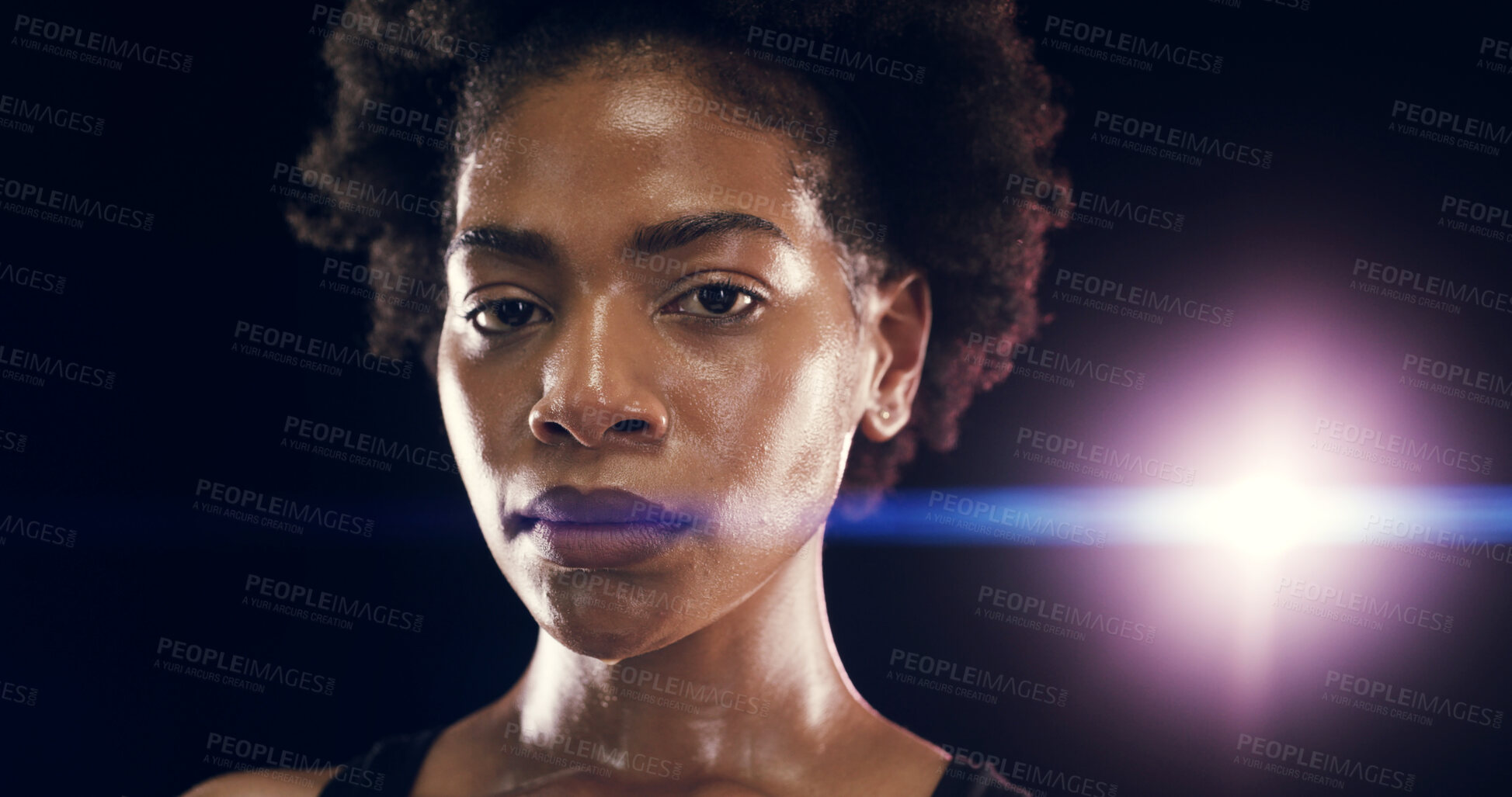 Buy stock photo Sweat, fitness and portrait of black woman in studio for intense training, exercise and cardio workout. Sports, lens flare and face of person for wellness, health and performance on dark background