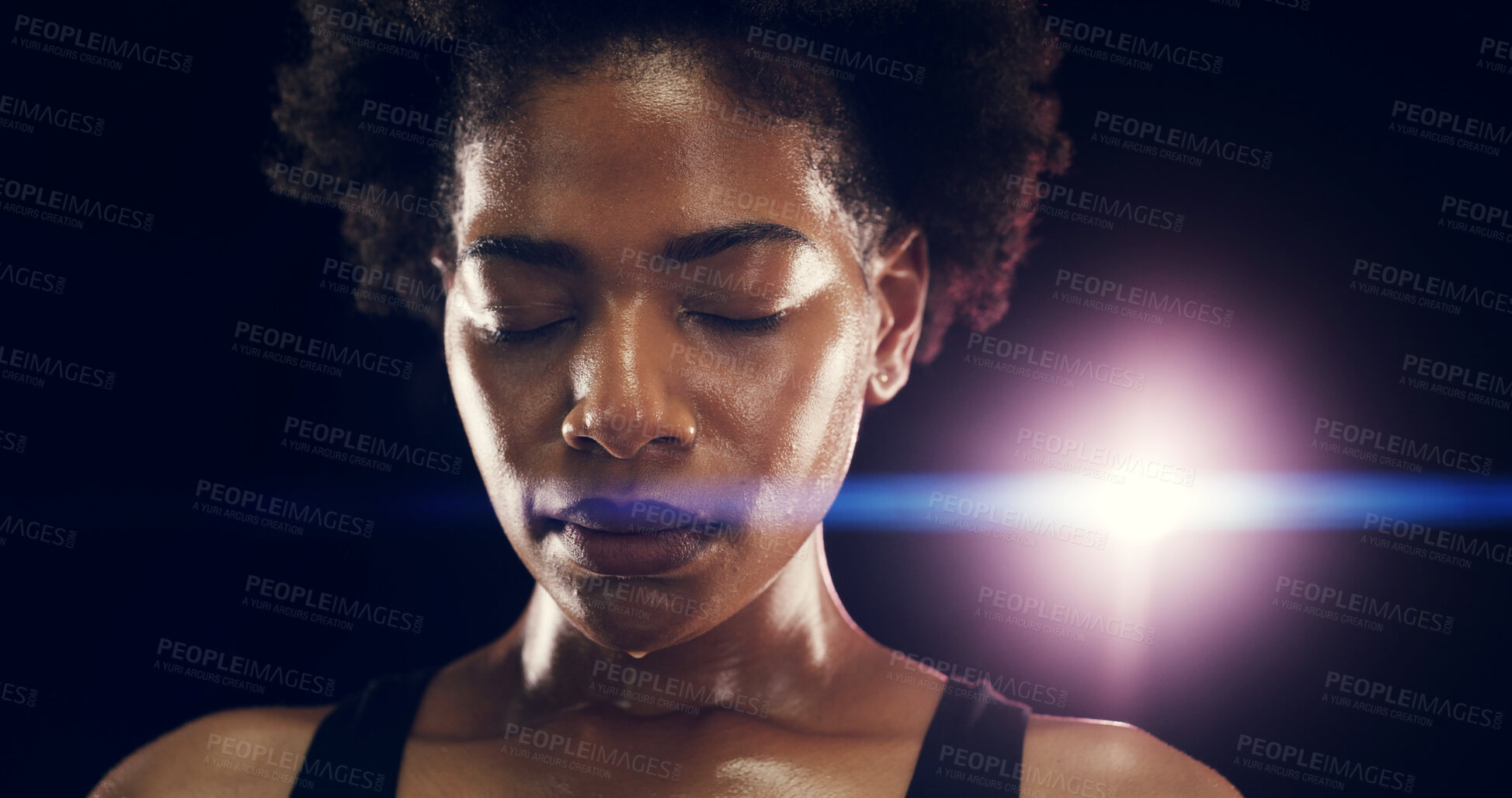 Buy stock photo Studio, black woman and tired with sweat for fitness, intense workout and rest by lens flare. Dark background, night and female athlete with exhaustion for health goal, wellness and training break