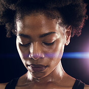 Fitness, black woman and tired with sweating in studio intense workout ...