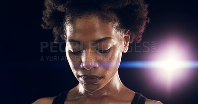Buy stock photo Fitness, black woman and tired or sweating in studio intense workout and rest by lens flare. Dark background, night and female athlete with exhaustion for health goal, wellness and training break