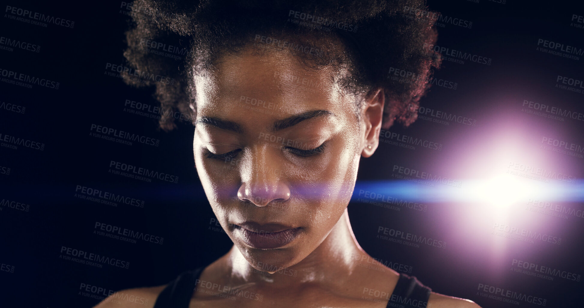 Buy stock photo Fitness, black woman and tired or sweating in studio intense workout and rest by lens flare. Dark background, night and female athlete with exhaustion for health goal, wellness and training break
