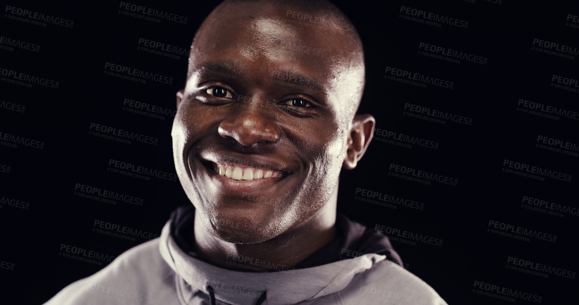 Buy stock photo Sweating, fitness and portrait of black man in studio for intense training, exercise and cardio workout. Sports, happy and face of person for wellness, health and performance on dark background