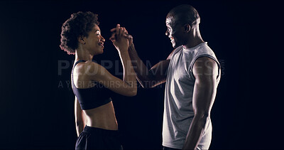 Buy stock photo Black man, woman and handshake in studio with fitness, support or excited for progress with smile by background. People, shaking hands and personal trainer with motivation, happy or success with goal