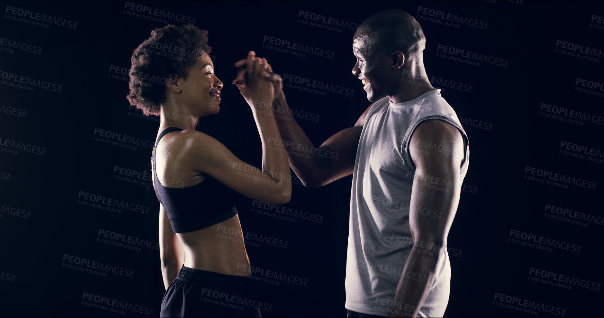 Buy stock photo Black man, woman and handshake in studio with fitness, support or excited for progress with smile by background. People, shaking hands and personal trainer with motivation, happy or success with goal