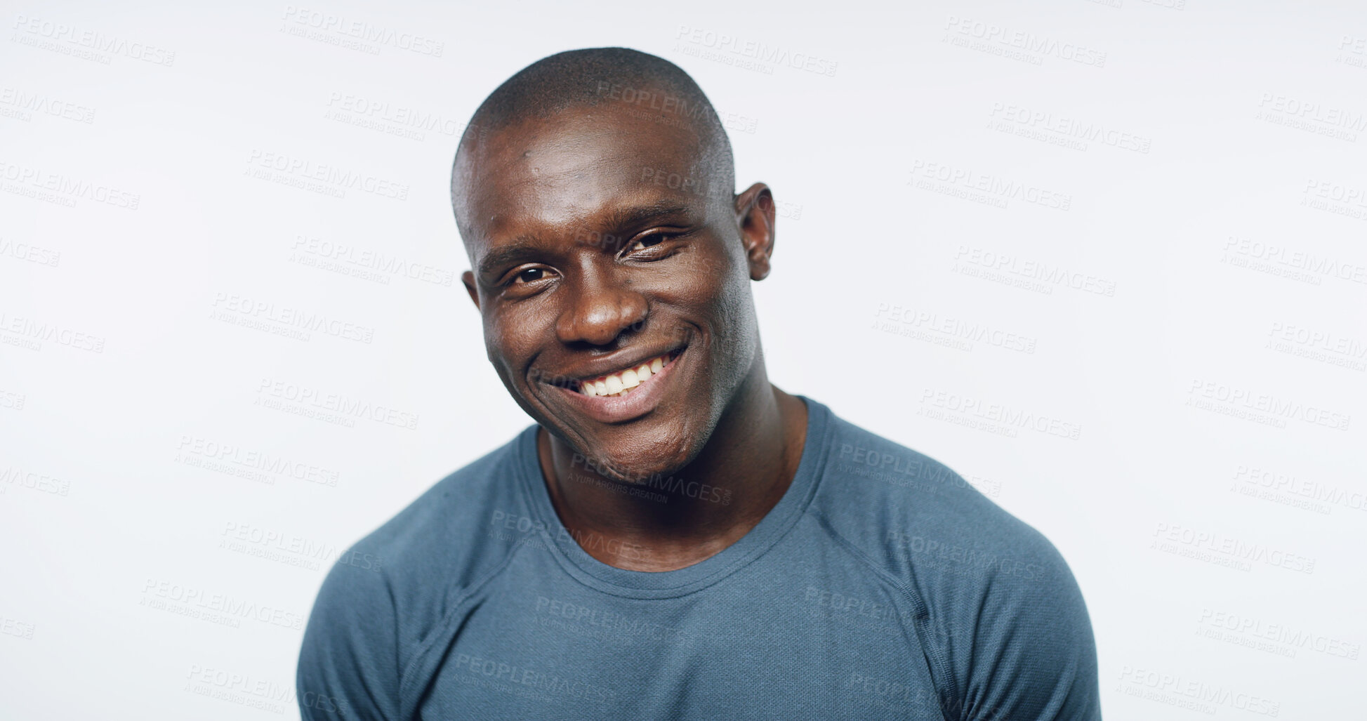 Buy stock photo Exercise, portrait and smile with black man on studio white background for training or workout. Fitness, health and wellness with happy personal trainer on mockup space for challenge or performance