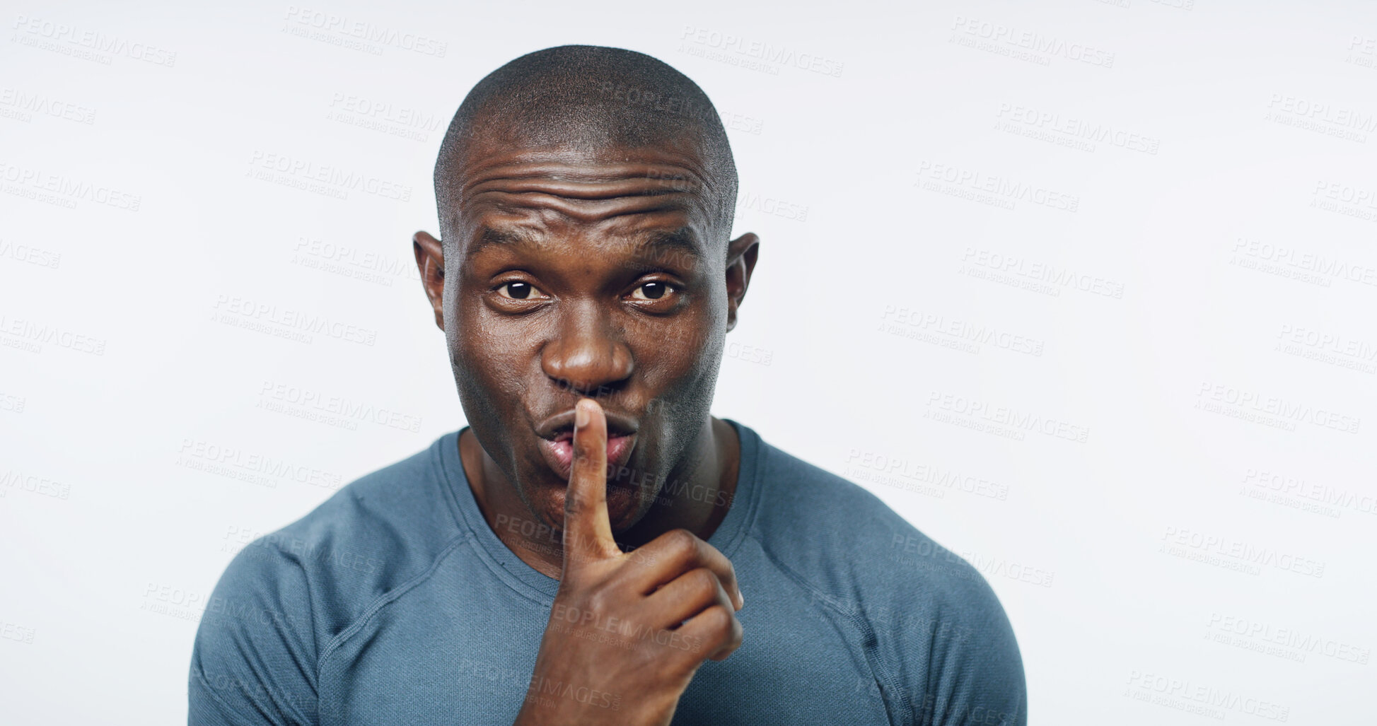 Buy stock photo Workout, portrait and black man with fitness secret for health, wellness and mockup in studio space. Privacy, gossip and personal trainer with advice, confidential exercise tips and white background