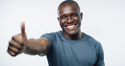 Buy stock photo Thumbs up, fitness and portrait of black man in studio for workout, exercise and training on white background. Sports, happy and isolated person with emoji for agreement, thank you and approve