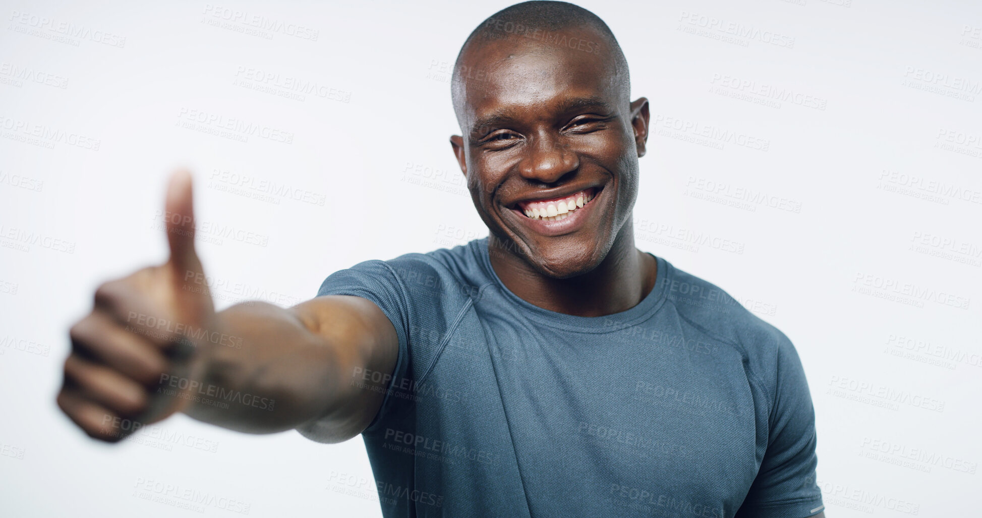 Buy stock photo Thumbs up, fitness and portrait of black man in studio for workout, exercise and training on white background. Sports, happy and isolated person with emoji for agreement, thank you and approve