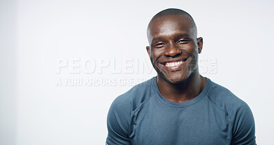 Buy stock photo Fitness, portrait and wellness with black man on studio white background for training or workout. Exercise, health and smile with happy personal trainer on mockup space for challenge or performance