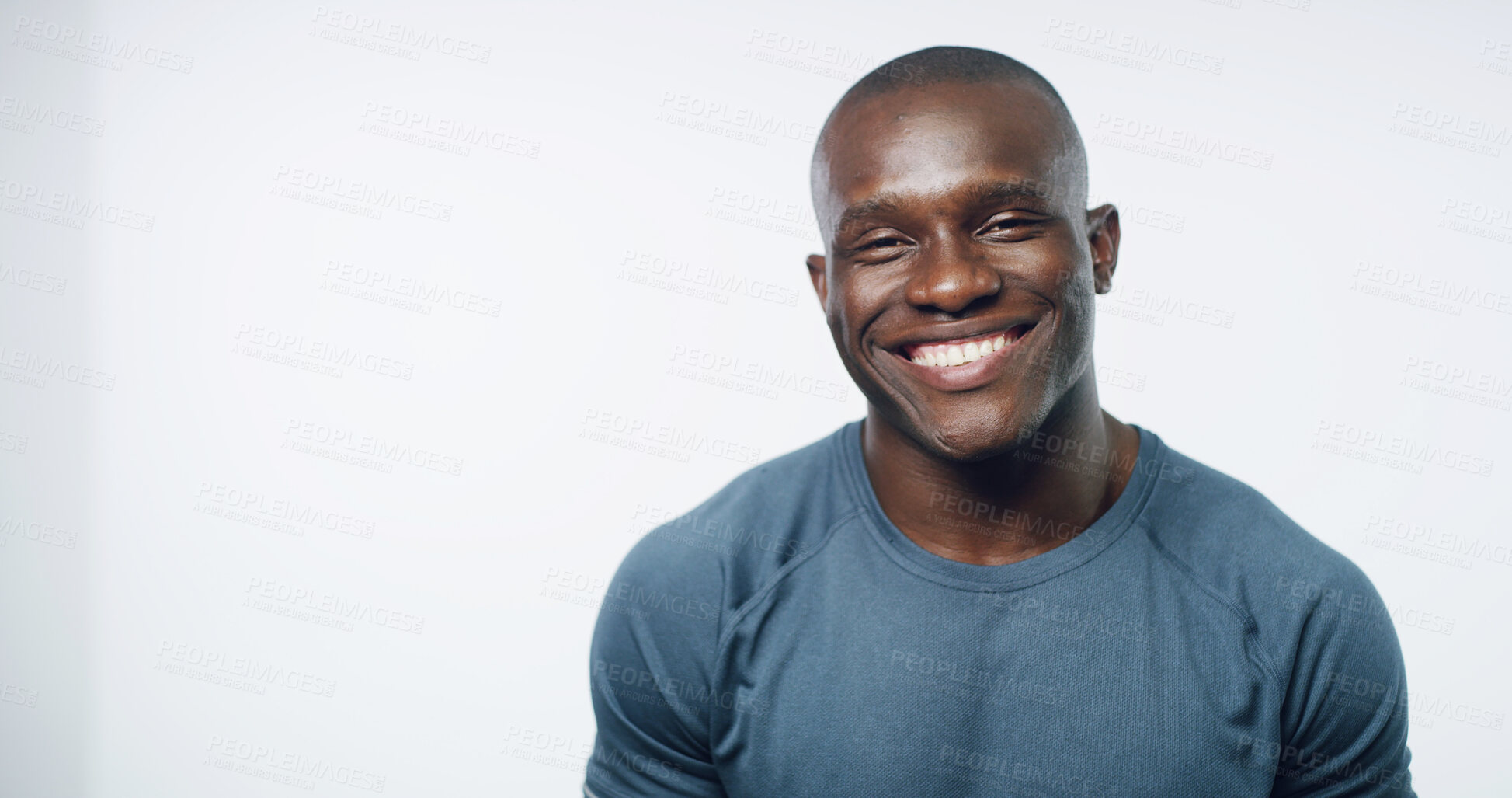 Buy stock photo Fitness, portrait and wellness with black man on studio white background for training or workout. Exercise, health and smile with happy personal trainer on mockup space for challenge or performance