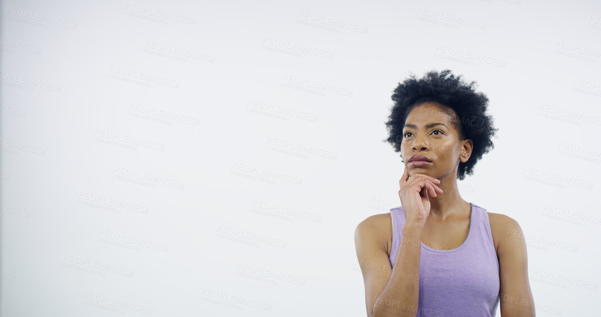 Buy stock photo Thinking, mockup space and woman in studio with idea, decision or choice for question. Option, doubt and female person by announcement with plan, brainstorming or problem solving by white background.