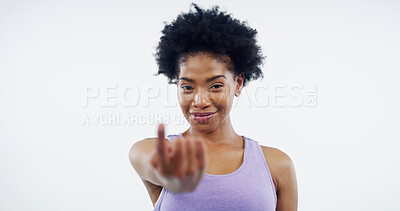 Buy stock photo Come, portrait and smile with woman personal trainer in studio on white background for sign up. Exercise, fitness or training and gym coach with call to action for challenge or sports workout