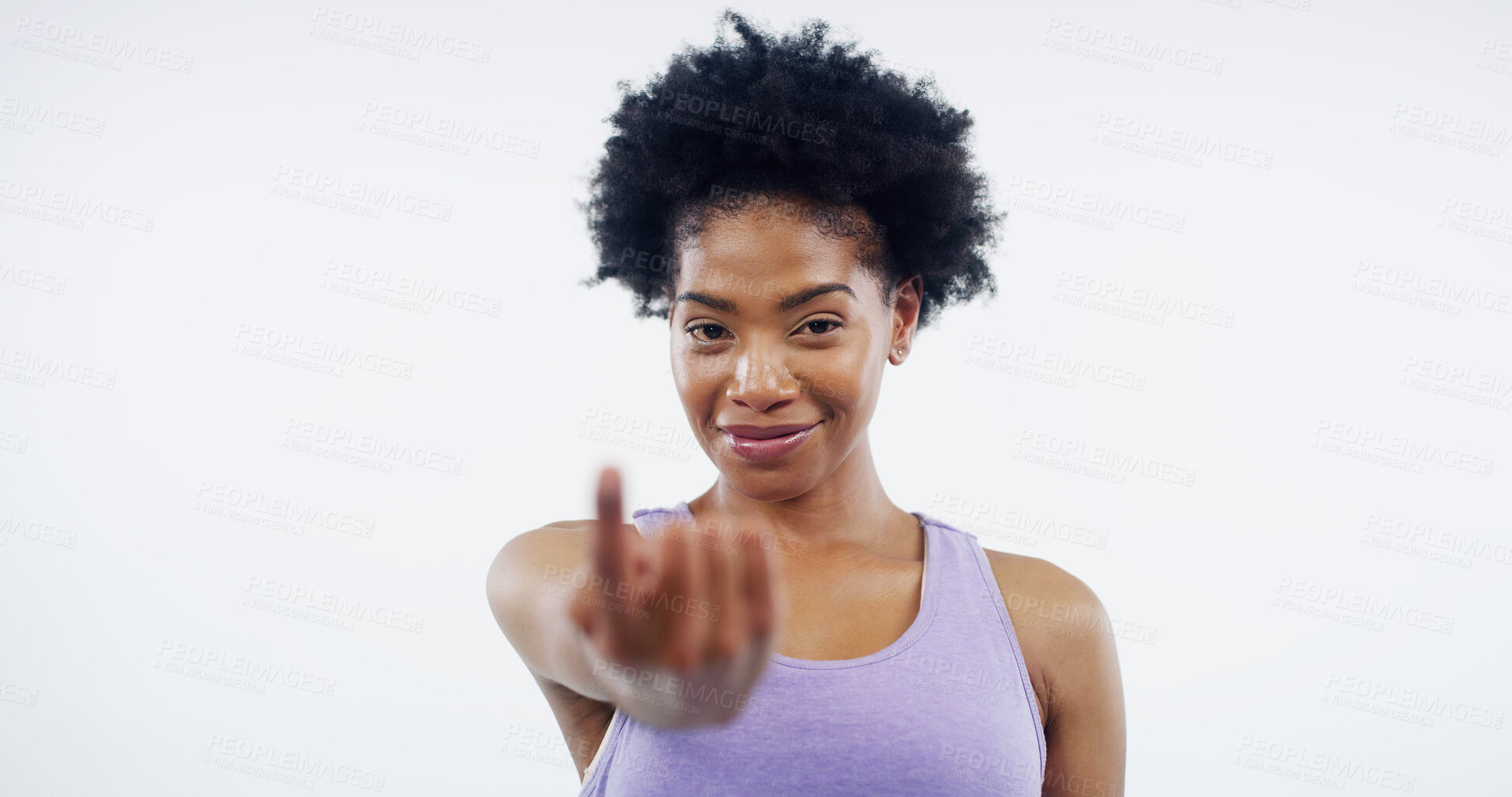 Buy stock photo Come, portrait and smile with woman personal trainer in studio on white background for sign up. Exercise, fitness or training and gym coach with call to action for challenge or sports workout
