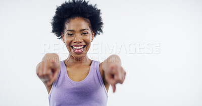 Buy stock photo Exercise, pointing and portrait with woman personal trainer in studio on white background for decision or vote. Fitness, smile and training with gym coach choosing you for membership or recruitment