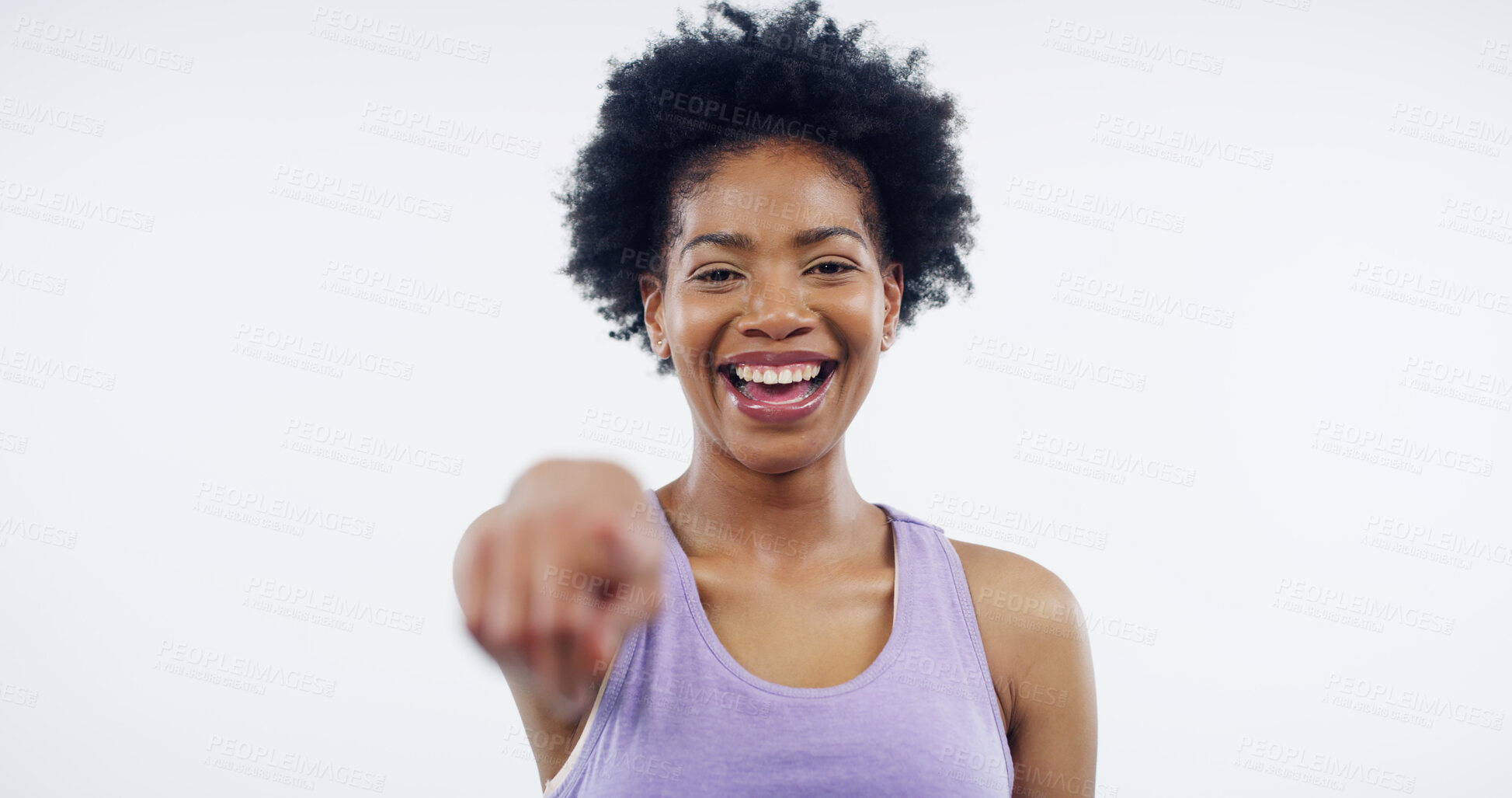 Buy stock photo Fitness, pointing and portrait with woman personal trainer in studio on white background for decision or vote. Exercise, smile and training with gym coach choosing you for membership or recruitment