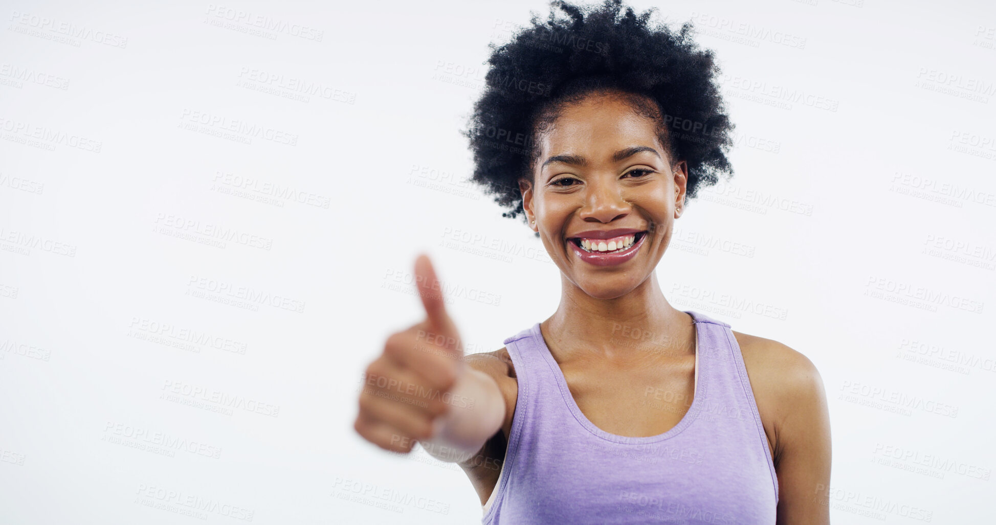 Buy stock photo Thumbs up, fitness and portrait of African woman in studio for workout, exercise and training on white background. Sports, happy and isolated person with emoji for agreement, thank you and approve