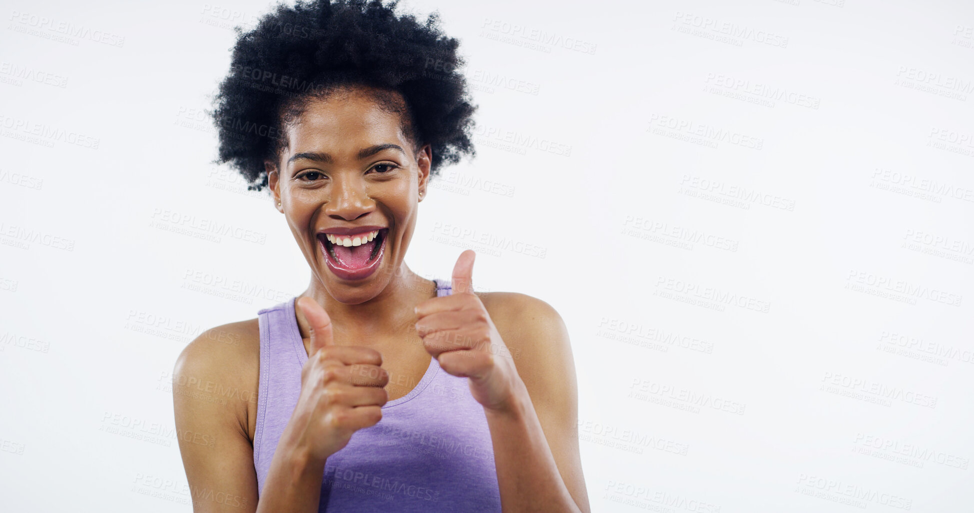 Buy stock photo Thumbs up, fitness and portrait of happy woman in studio for workout, exercise and training on white background. Sports, excited and African person with emoji for agreement, thank you and approve