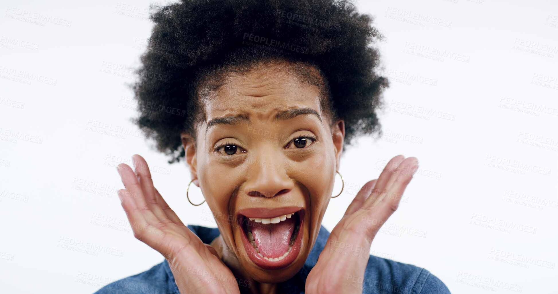 Buy stock photo Portrait, surprise and black woman with expression, wow and shouting on white studio background. African person, face and model with omg, reaction and shocked with announcement and excited for sales