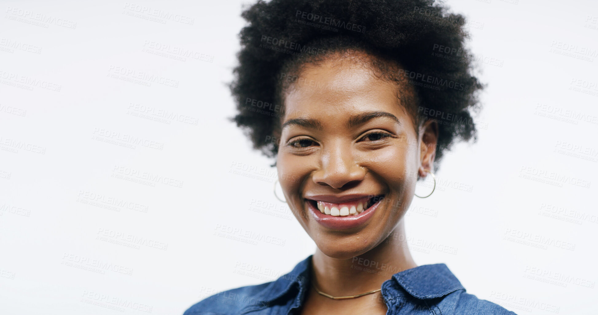 Buy stock photo Woman, portrait and smile in studio for student, pride or growth mindset for career on white background. African person, confidence and happy for scholarship, university education with mock up space