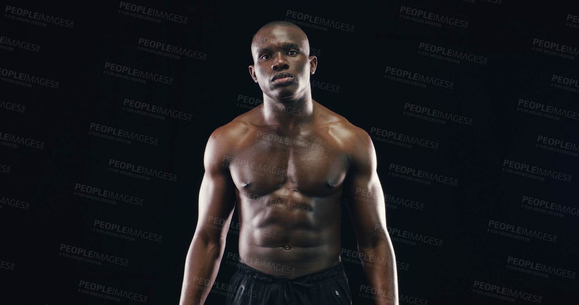 Buy stock photo Fitness, boxer and portrait of black man in studio for match, challenge or competition training. Shirtless, sports and shirtless African male athlete with muscles for workout by black background.