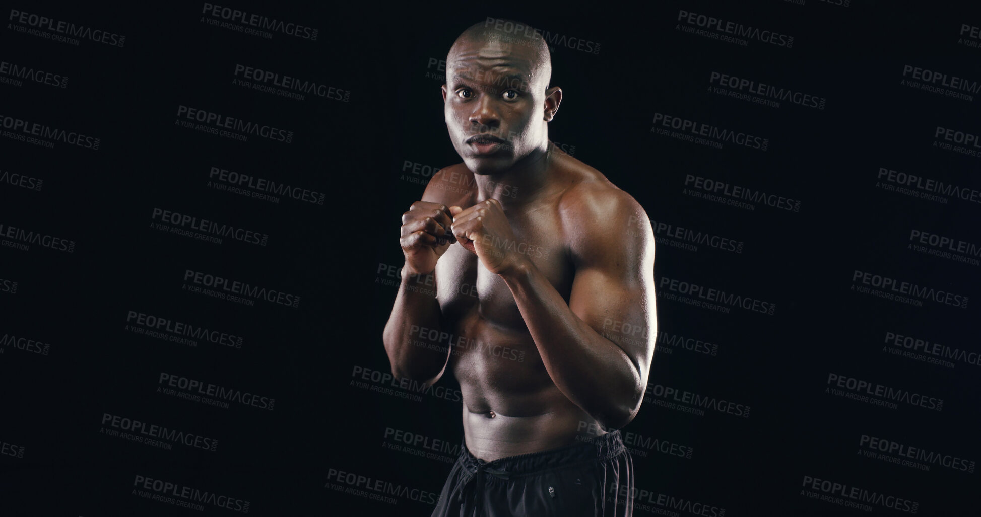 Buy stock photo Black man, boxer fighter and studio for challenge, fitness and battle courage on background. Male person, performance training and strong power with martial arts, portrait and athlete for sports