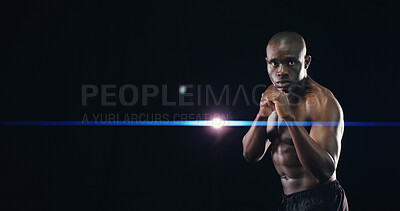Buy stock photo Mockup space, boxing and portrait of black man in studio for workout, exercise and bodybuilder training. Fitness, wellness and isolated boxer for performance, strength and muscles on dark background
