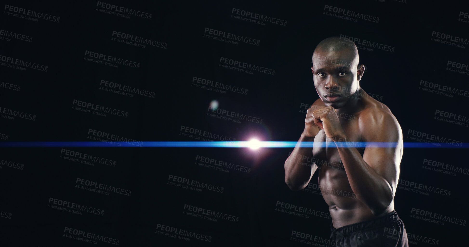 Buy stock photo Mockup space, boxing and portrait of black man in studio for workout, exercise and bodybuilder training. Fitness, wellness and isolated boxer for performance, strength and muscles on dark background