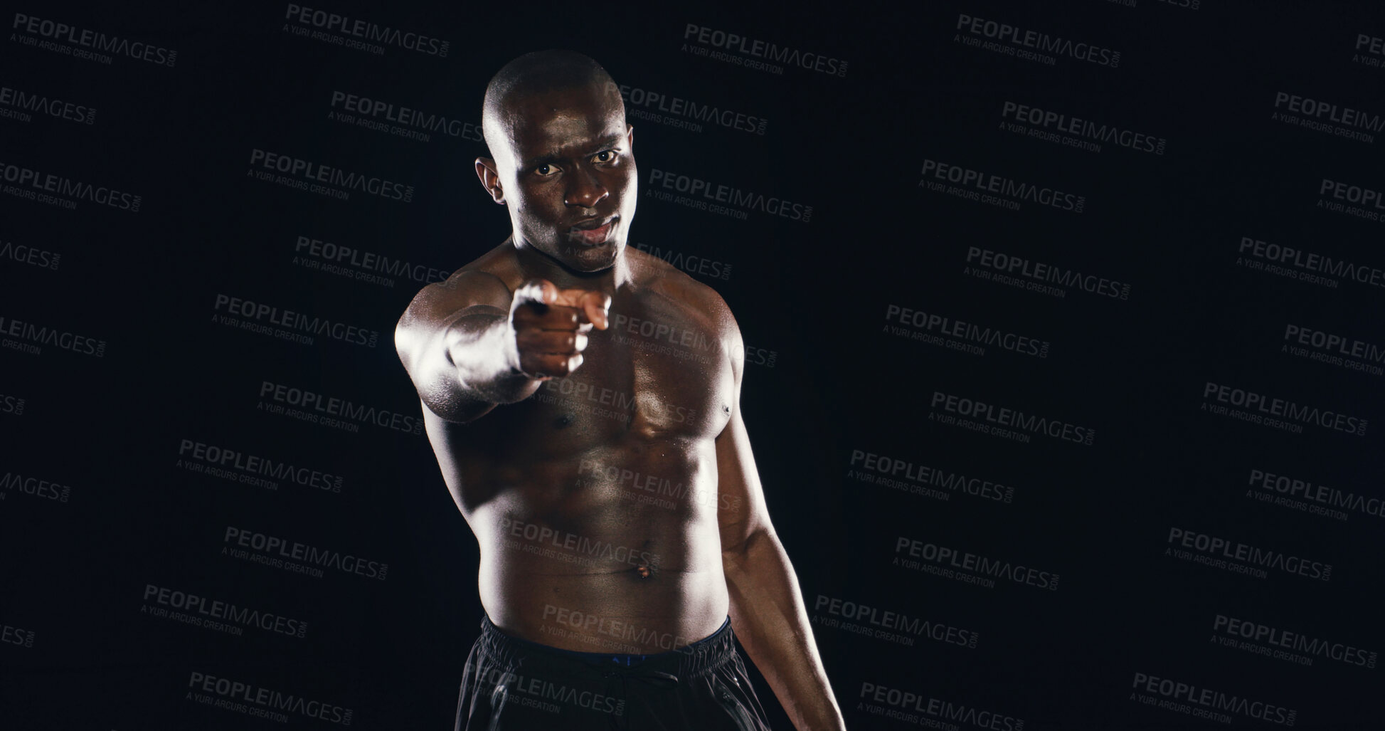Buy stock photo Fitness, pointing and portrait with black man in studio for exercise, health or wellness challenge. Choice, decision and vote with shirtless athlete on dark background for membership or recruitment