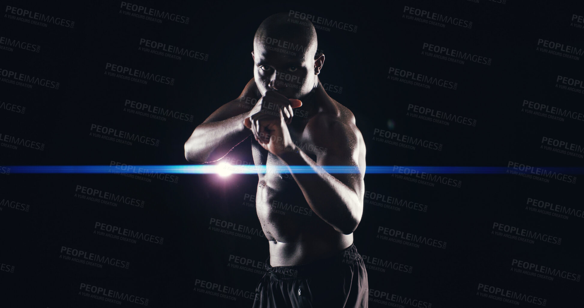 Buy stock photo Fist, boxing and portrait of black man in studio for cardio workout, exercise and bodybuilder training. Fitness lens flare, wellness and boxer for performance, strength and muscles on dark background