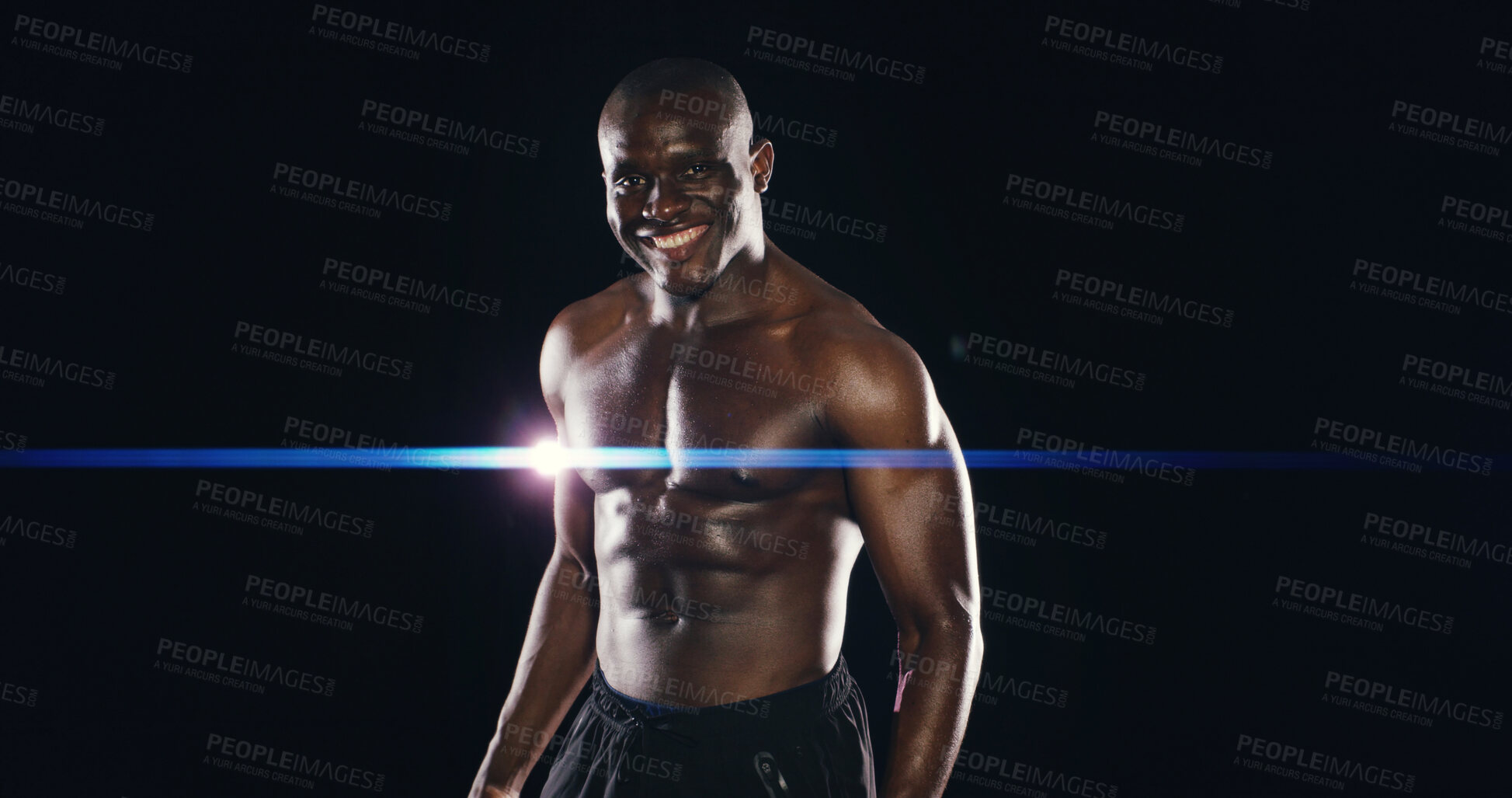 Buy stock photo Happy, boxer and portrait of black man in studio for match, challenge or competition training. Shirtless, sports and shirtless African male athlete with muscles for workout by black background.