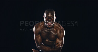 Buy stock photo Portrait, black man and flex for bodybuilding in studio for strong biceps, fitness workout or growth results. Bodybuilder, shout and muscle power, training performance and champion on dark background