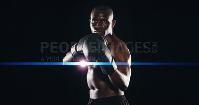 Buy stock photo Black man, boxer fighter and studio for workout, fitness and battle courage on background. Male person, performance training and strong power with martial arts, portrait and athlete on lens flare