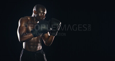 Buy stock photo Black man, boxer fitness and studio for challenge, exercise and battle courage on background. Male person, performance training and strong power with martial arts, mockup space and athlete for sports