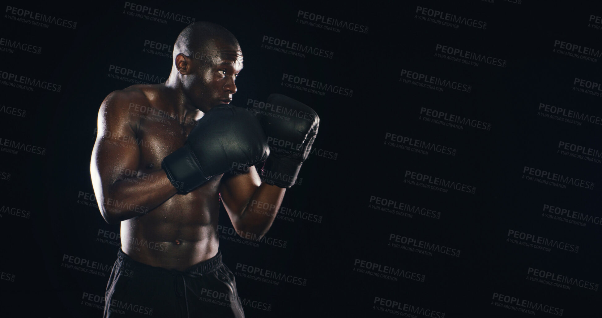 Buy stock photo Black man, boxer fitness and studio for challenge, exercise and battle courage on background. Male person, performance training and strong power with martial arts, mockup space and athlete for sports
