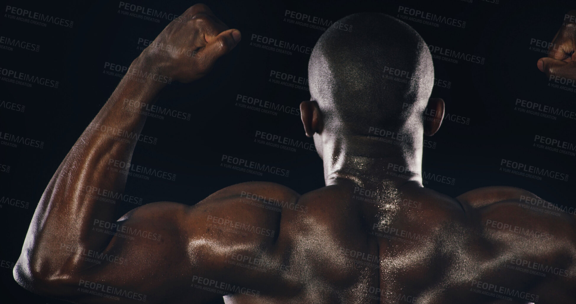 Buy stock photo Flexing, muscles and back of black man in studio with sweating for bodybuilding workout. Fitness, strength and African male athlete with sports exercise, challenge or training by black background.
