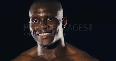 Buy stock photo Fitness, happy and portrait with black man on studio dark background for training or workout. Exercise, health and wellness with smile of personal trainer on mockup space for challenge or performance