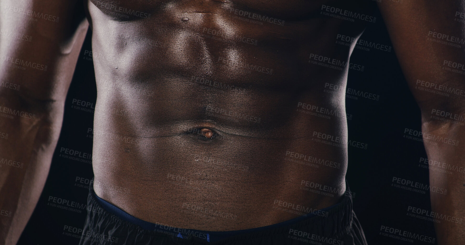 Buy stock photo Abs, muscles and torso of man in studio with sweating for bodybuilding workout. Sports, strength and shirtless African athlete with six pack for exercise, challenge or training by black background.