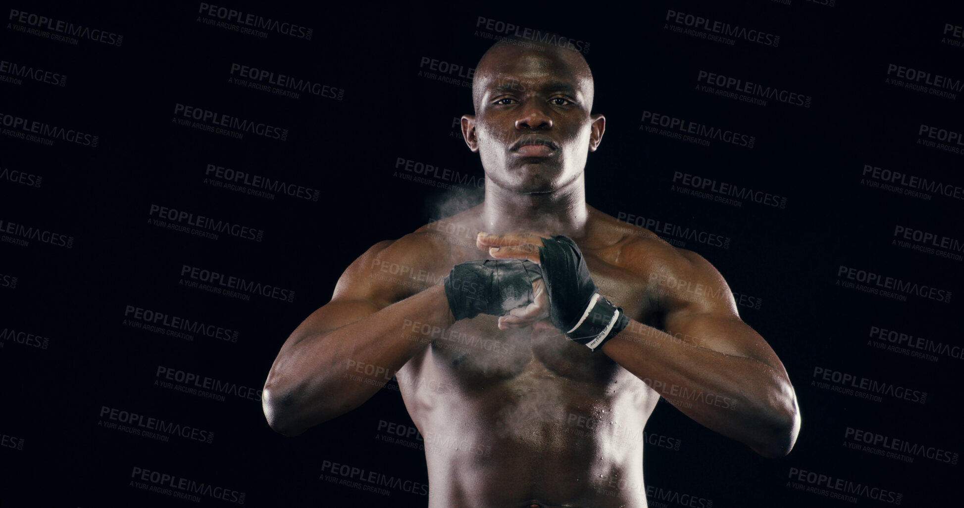 Buy stock photo Powder, boxing and portrait of black man in studio for cardio workout, exercise and bodybuilder training. Fitness gloves, wellness and boxer for performance, strength and muscles on dark background