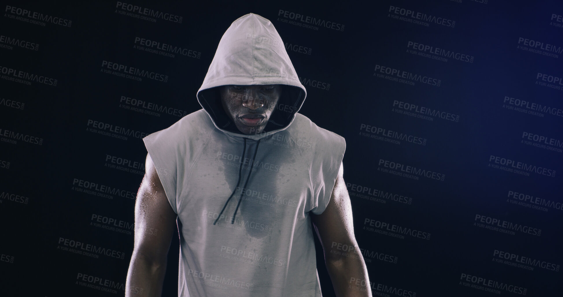 Buy stock photo Thinking, black man and fitness with hoodie in studio of sport training, boxing exercise and bodybuilding. Bodybuilder, reflection and cardio workout, strong muscle and performance on dark background