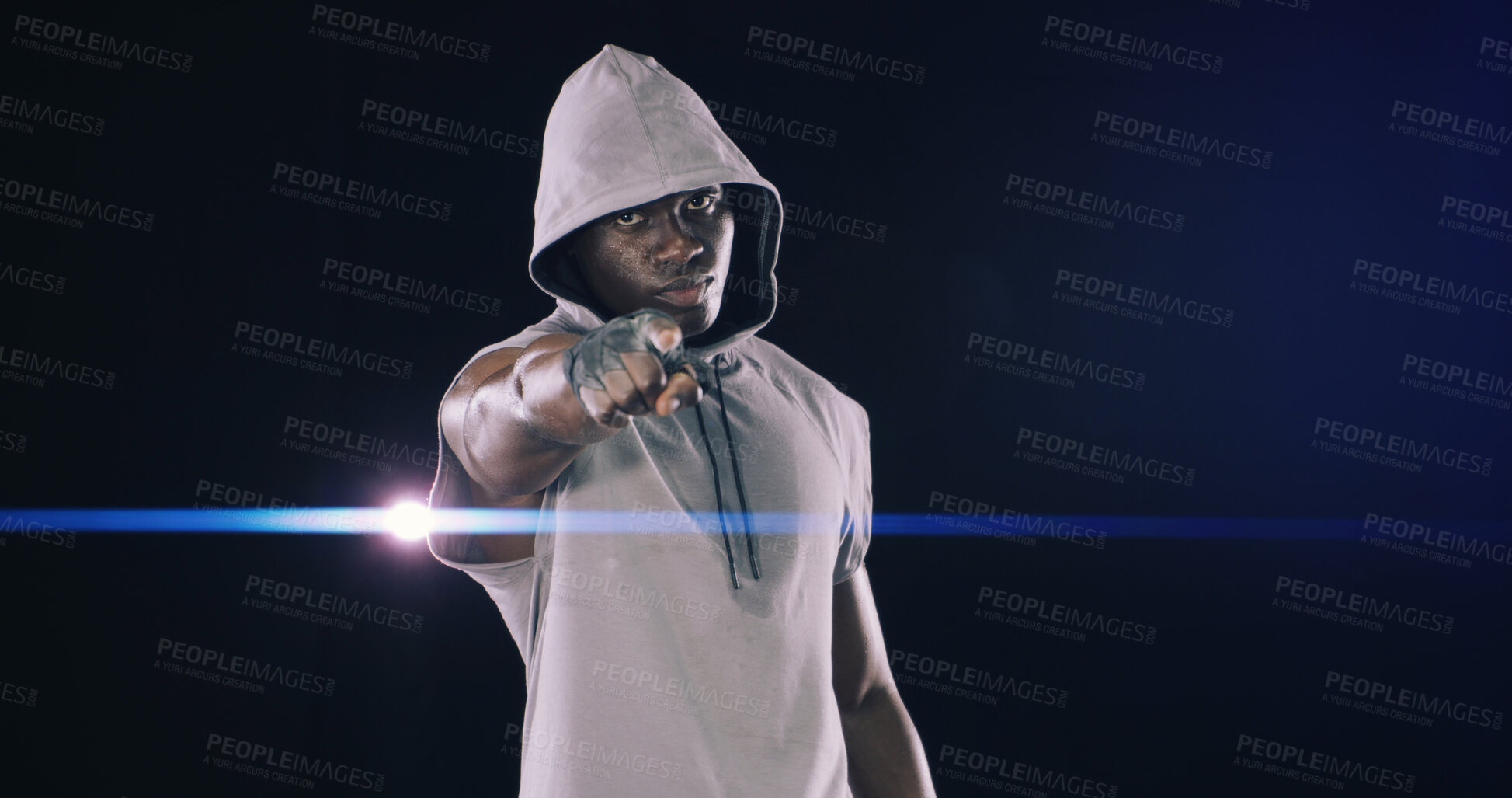 Buy stock photo Fitness, pointing and portrait with black man in hoodie for exercise, health or wellness challenge. Choice, decision and vote with athlete on studio dark background for membership or recruitment